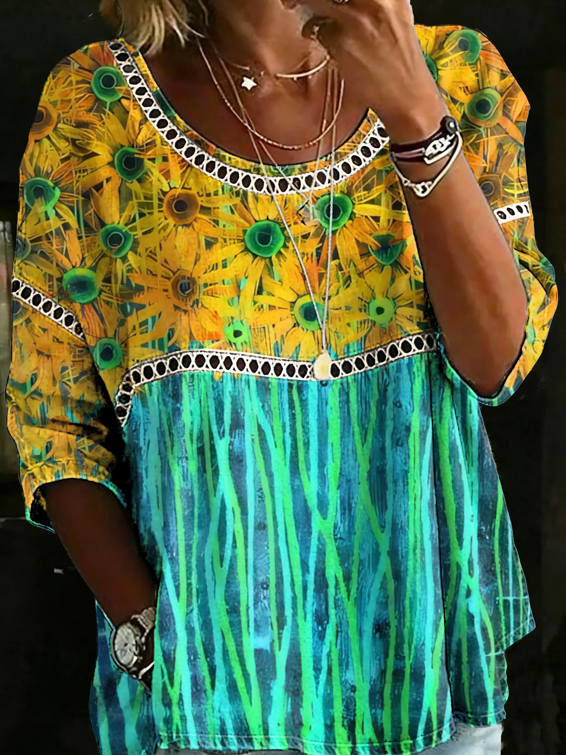 Women's Vintage Concatenate Sunflower Casual Loose Denim Blouse Shirt