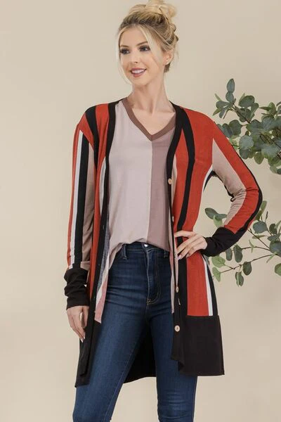Full Size Striped Button Up Long Sleeve Cardigan
