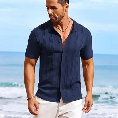 Men's Knit Shirts Short Sleeve Casual Button Down Polo Shirt Summer Beach Vacation Shirts Outfit Top