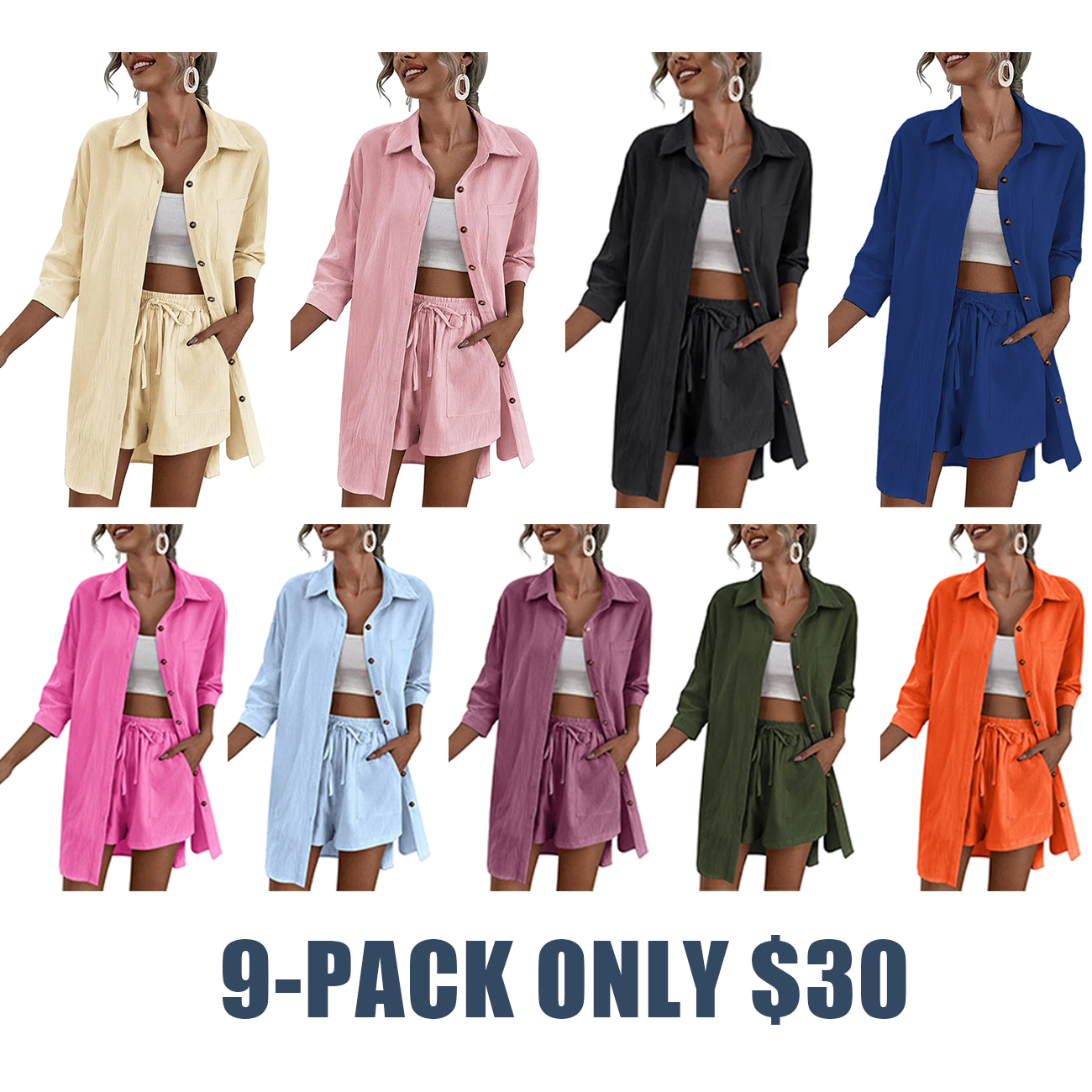 2025 Women's Linen 2-Piece Lounge Set – High-Low Shirt & Drawstring Shorts