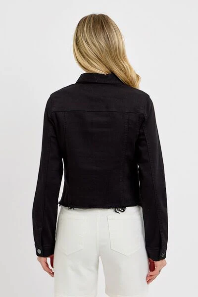 Full Size Irregular Fray Hem Button Up Denim Jacket Plus Size