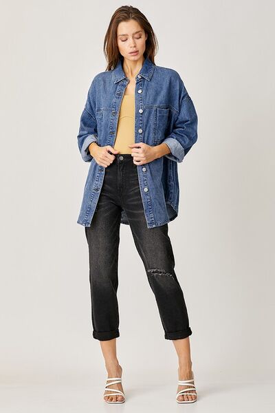 Button Up Drop Shoulder Denim Shacket