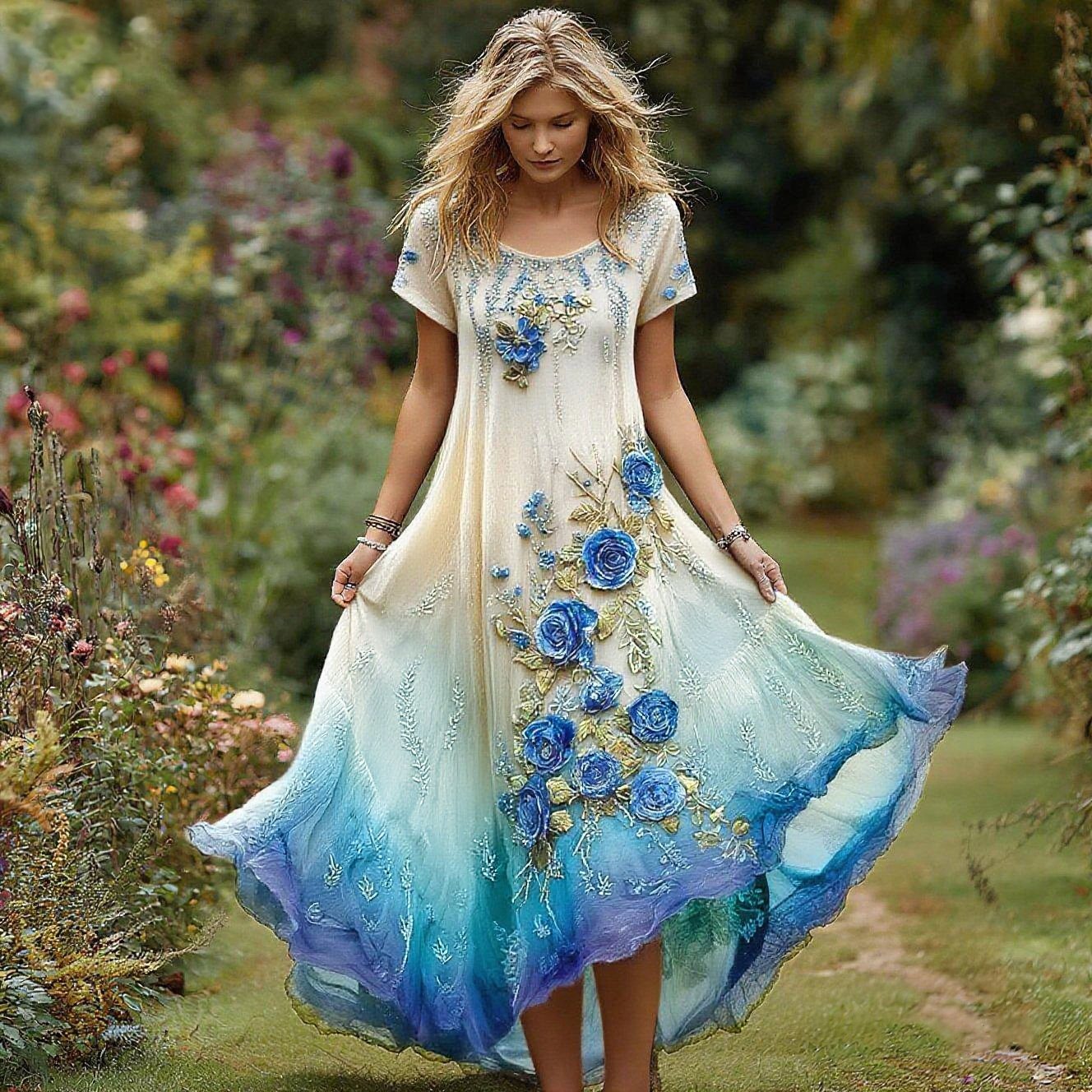 Women's Vintage Floral Embroidery Gradient Pattern Round Neck Dress