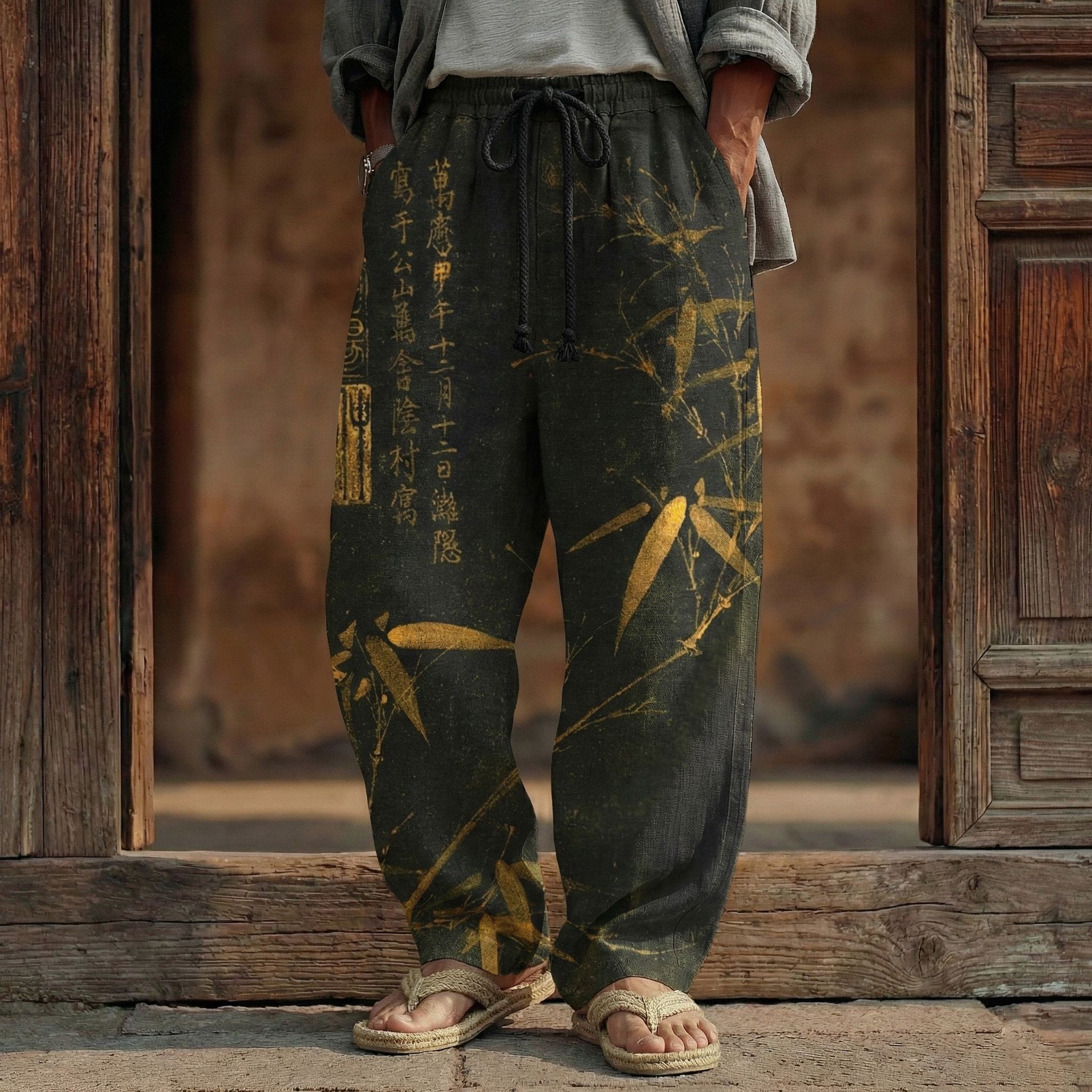 Men's Vintage Bamboo Calligraphy Art Print Linen Blend Pants