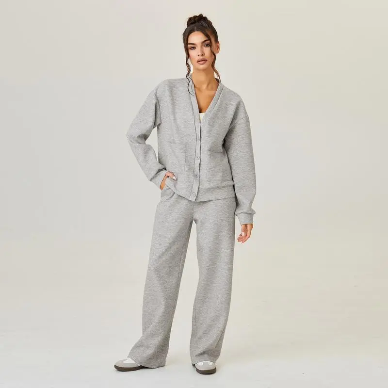 Women's Slouchy Solid Color V Neck Long Sleeve Button Cardigan & Drawstring Waist Trousers Co-ord