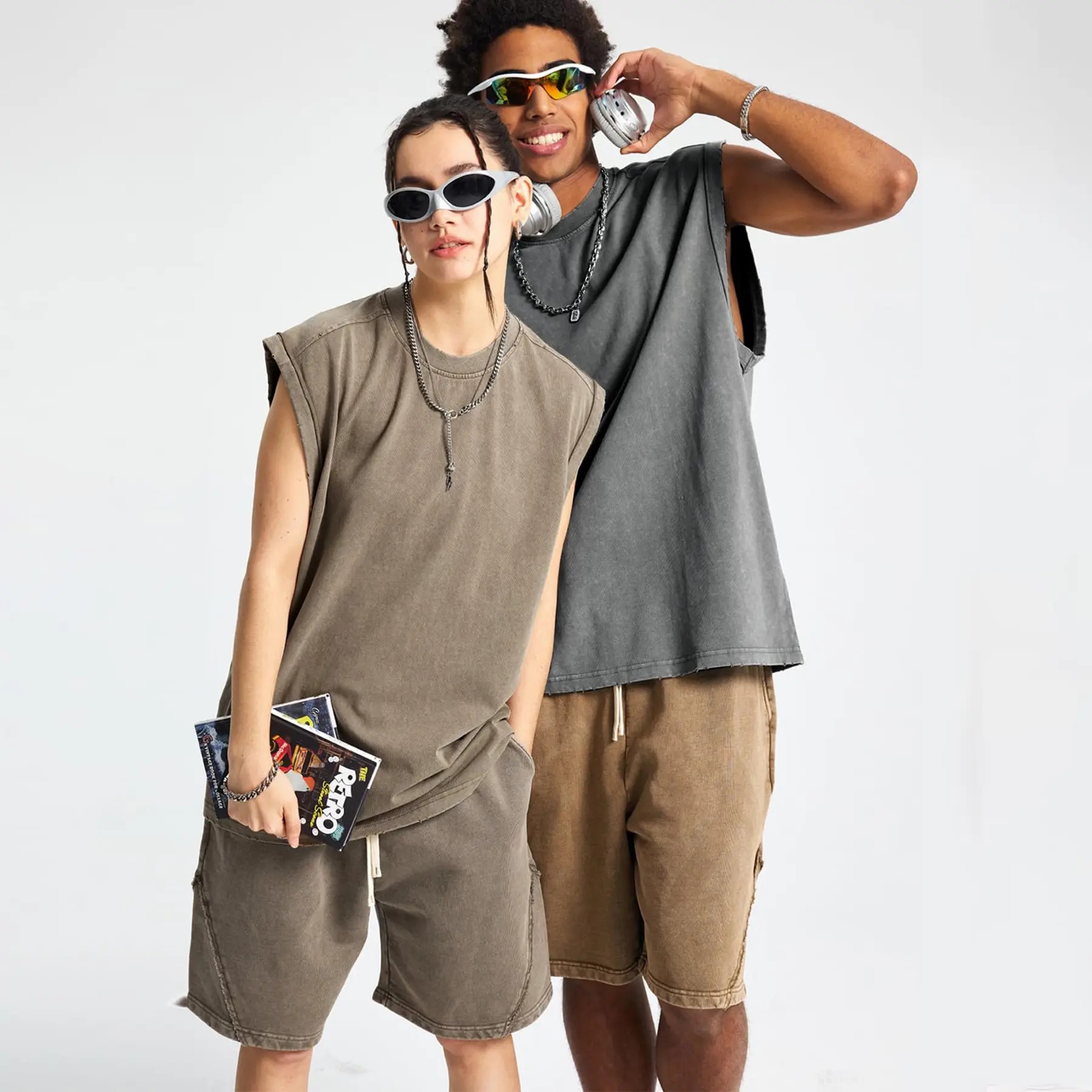 Unisex Cotton Workout Tank Tops Sleeveless Acid Wash Tshirts