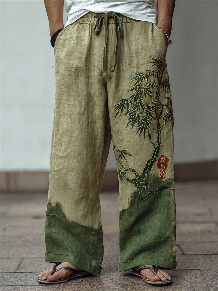 Men's Japanese Bamboo Embroidered Contrast Wide Leg Linen Pants