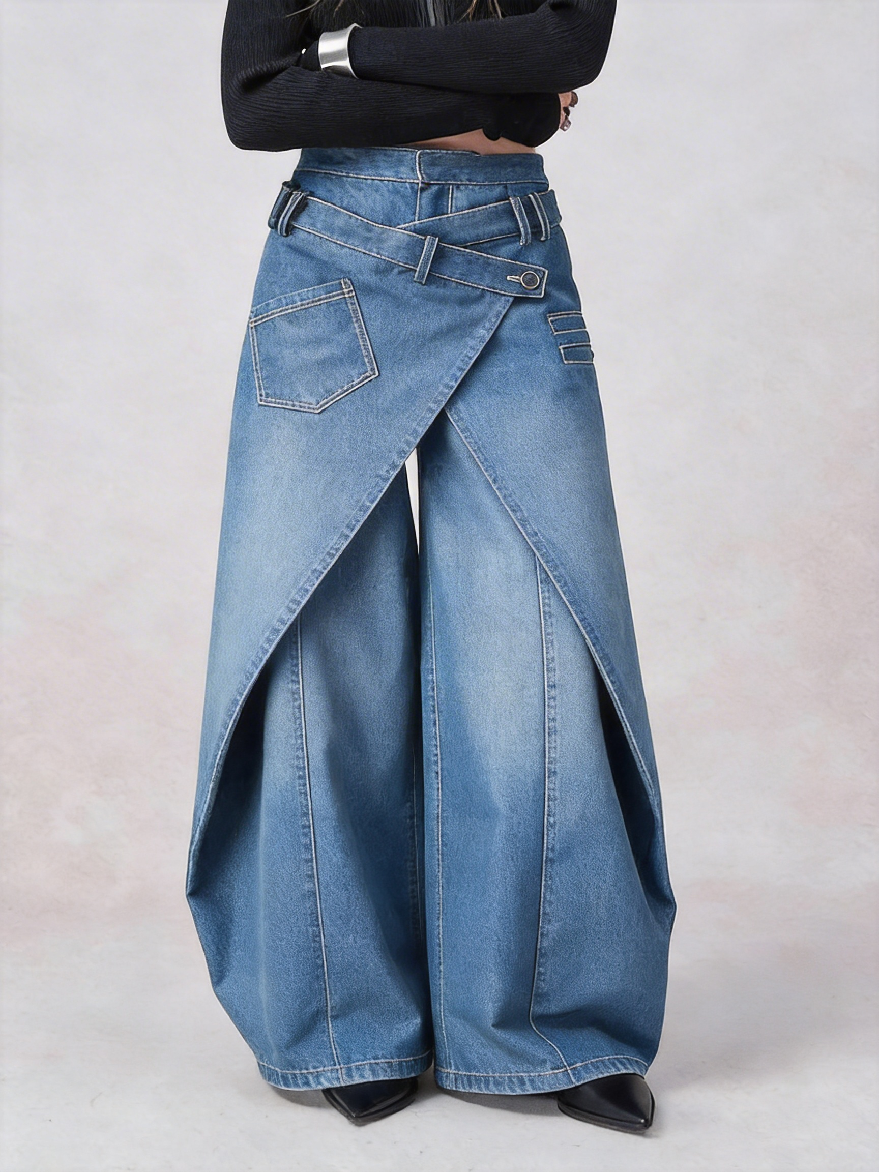 Swinging Symphony Fake Two-Piece Wide-Leg Jeans