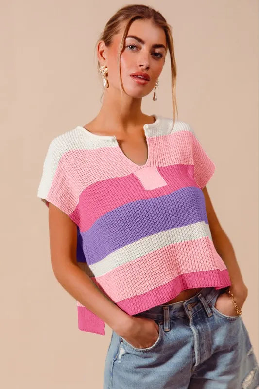 Multi Color Stripe Loose Fit Cap Sleeve Sweater Top