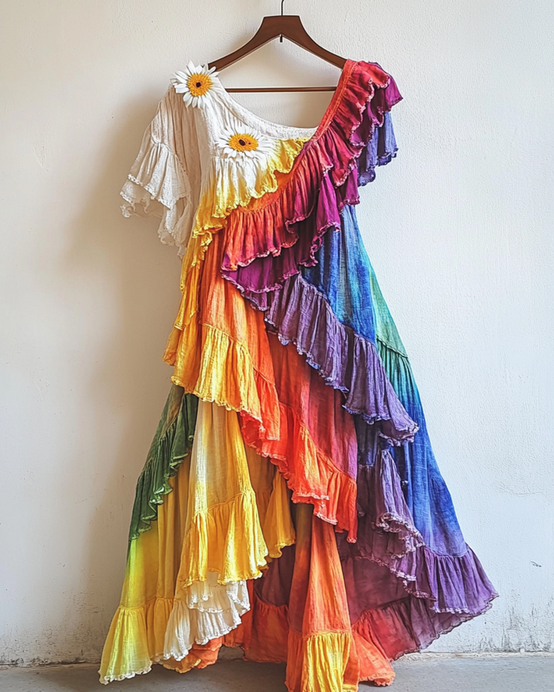 Rainbow Linen Ruffle Daisy Embroidery Irregular Dress 93f4