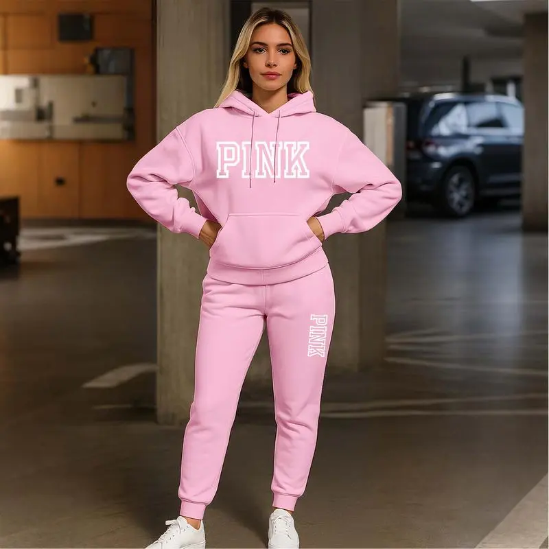 Women's Pink Print Hoodie And Drawstring Track Pants Set
