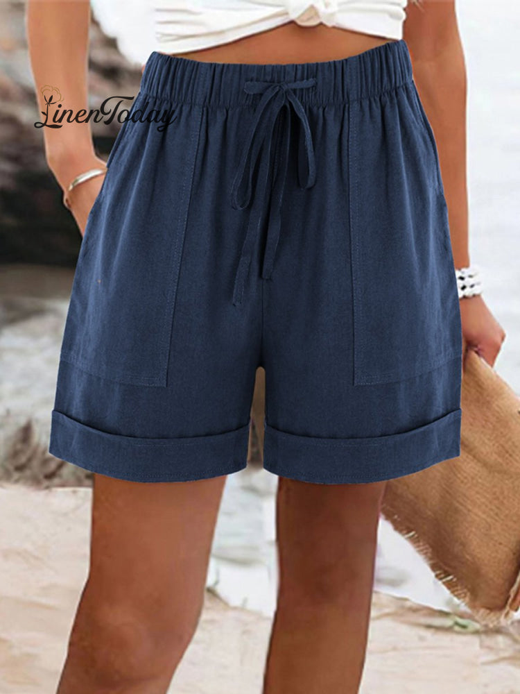Women's Summer Casual Solid Color Drawstring Shorts With Pockets