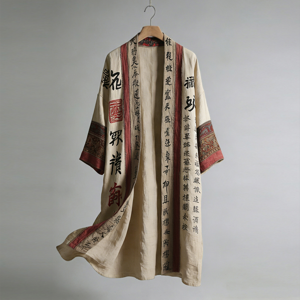 Men's Retro Calligraphy And Painting Art Linen Long Kimono