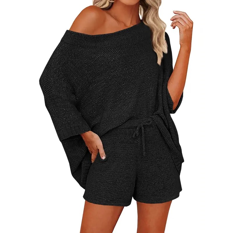 isace Women's 2 Piece Knit Lounge Set – Off-Shoulder Sweater Top and Shorts Matching Outfit, Cute and Comfy Pajama or Casual Wear