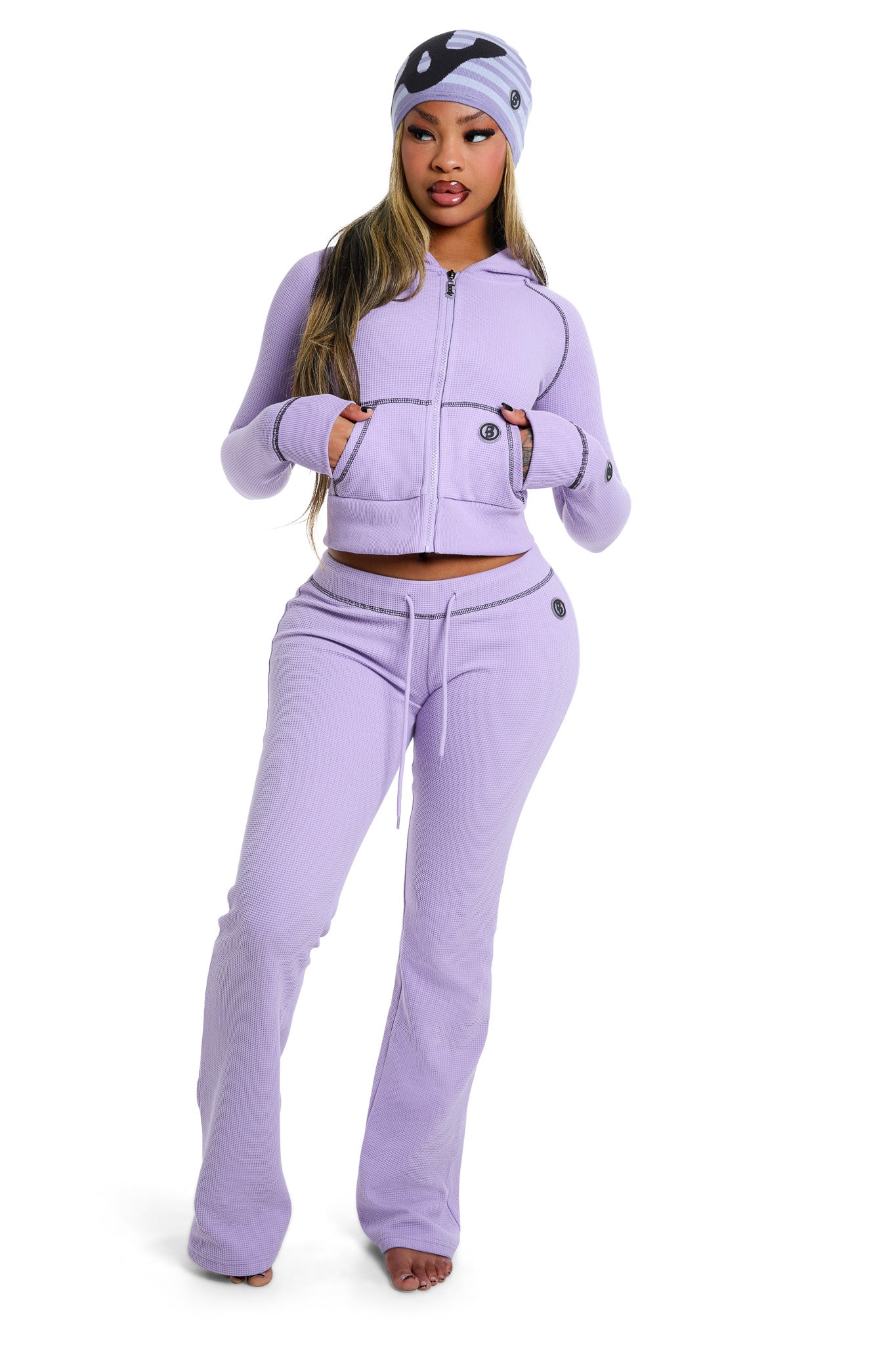 WAFFLE KNIT BOOT CUT PANTS (LAVENDER/BLACK)