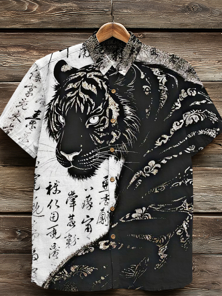 Japanese Tiger Calligraphy Art Vintage Linen Shirt