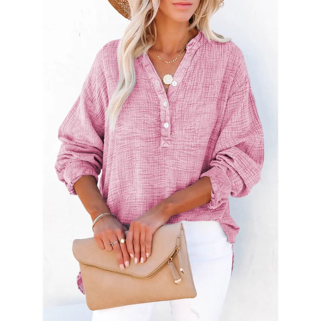Women's Casual Button V Neck Long Sleeve Shirts Oversized Solid Blouses Tops 100% Cotton Boyfriend Style Loose Fit