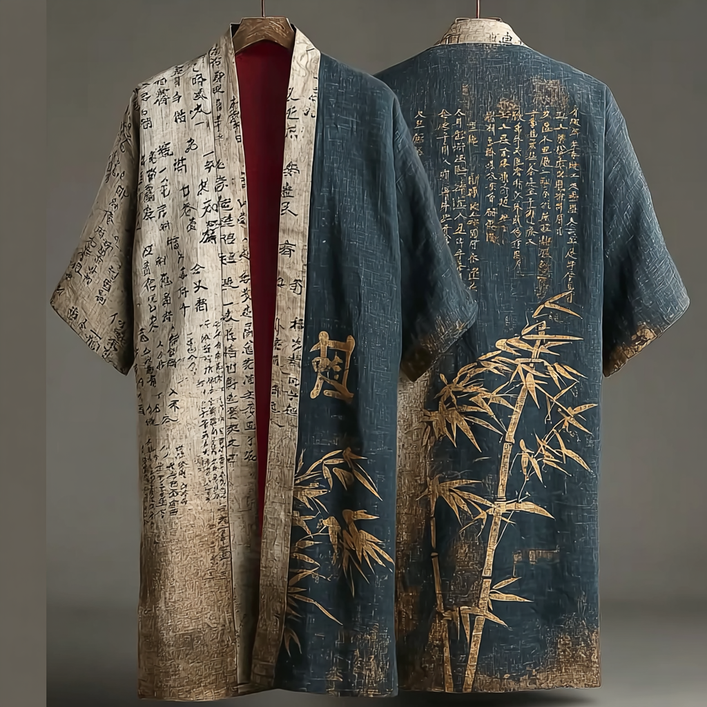 Japanese Art Retro Bamboo Line Art Pattern Men's Linen Long Kimono