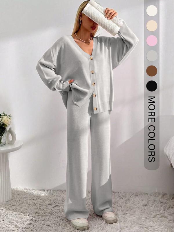 Women’s Cozy Knit Cardigan & Wide-Leg Pants Set – Relaxed Button-Up Lounge Outfit