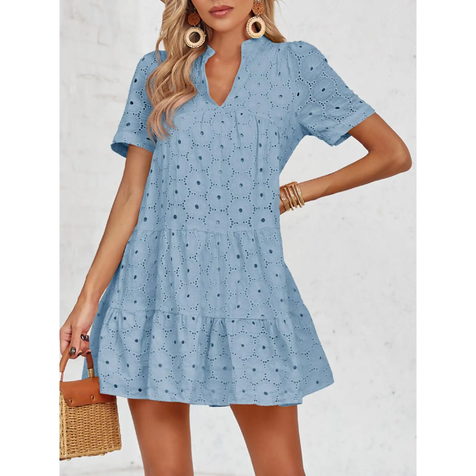 Women’s Summer Lace Dresses Eyelet Casual Flowy Babydoll Swing Short Sleeve V Neck Tunic Dress