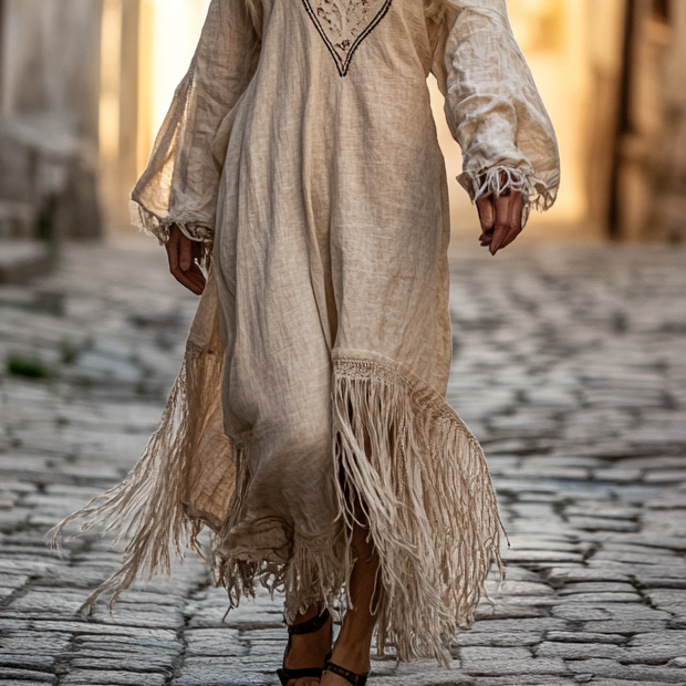 Vintage Loose Linen Patchwork Dress ffeb