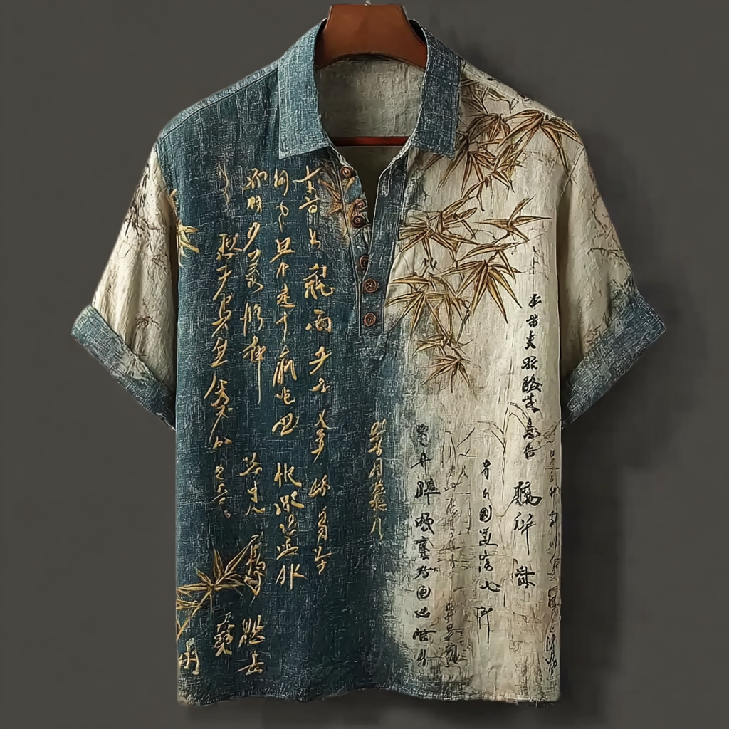 Japanese Art Retro Bamboo Line Art Pattern Men's Linen Short Sleeve Shirt