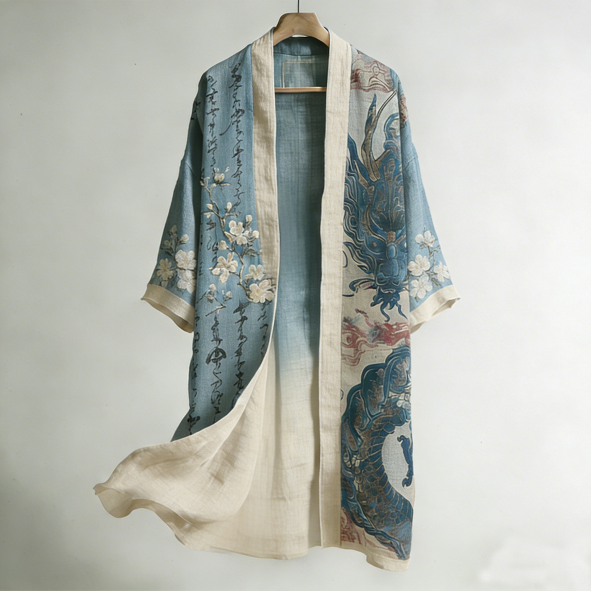 Retro Floral Calligraphy And Dragon Pattern Linen Long Kimono