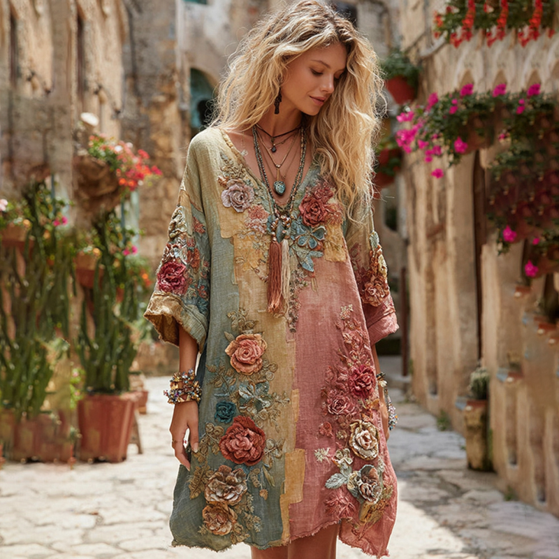 The Ice Cream Collection Women's Classic Bohemian Floral And Rose Gradient Art Linen Long Sleeve Midi Dress