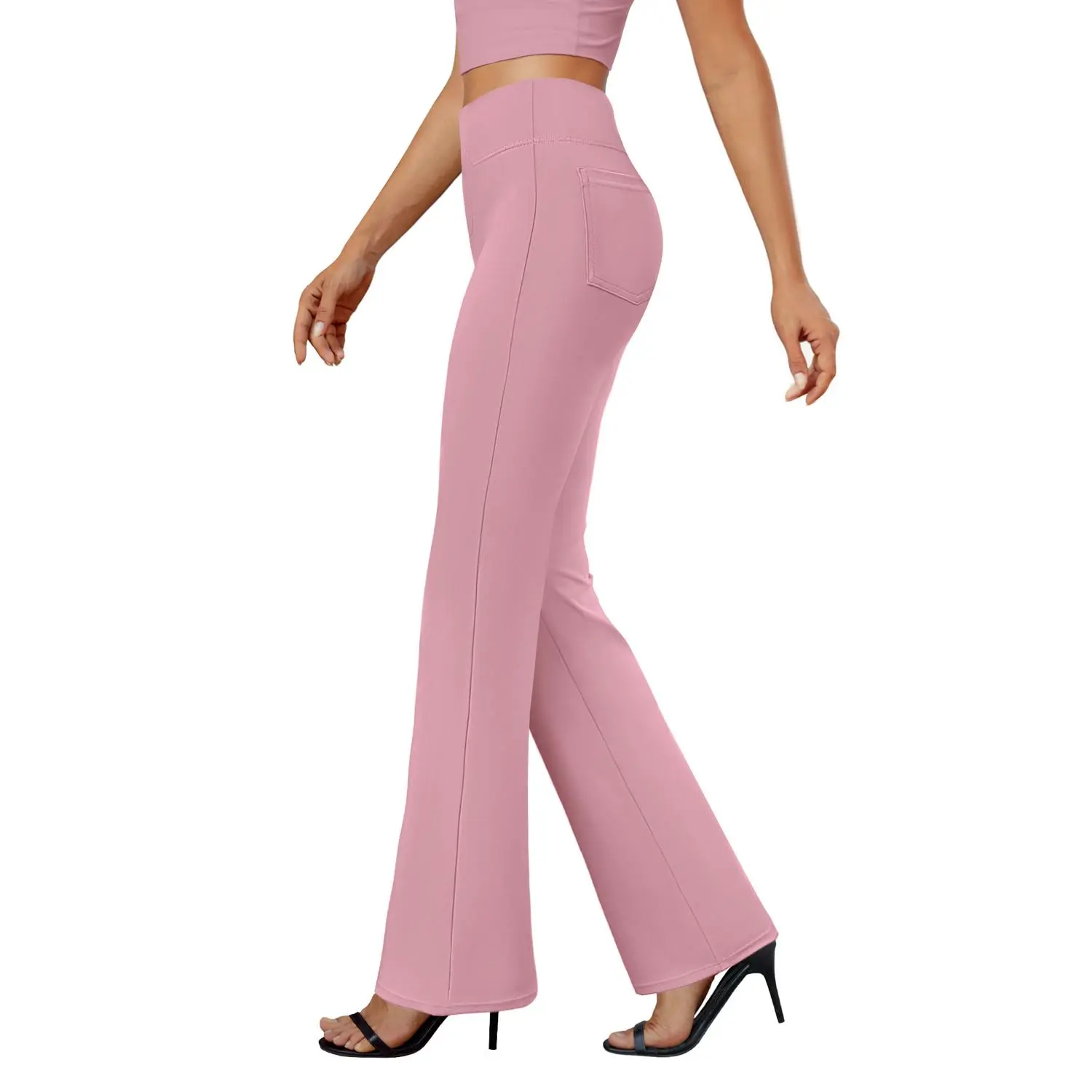 2026 FireSwan Flex High-Waisted Elastic Yoga Pants for Women, featuring back pockets, slightly flared legs, and a tummy-control design, suitable for office and everyday wear.