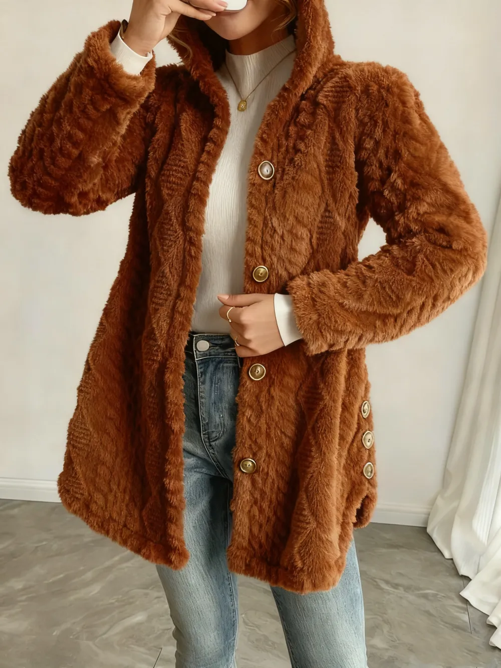 Women's Fall Winter Warm Fashion Jacquard Hooded Cardigan Long Sleeve Coat