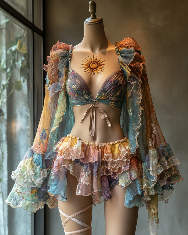 Sexy and elegant ruffled top + skirt + kimono three-piece swimsuit  04b2