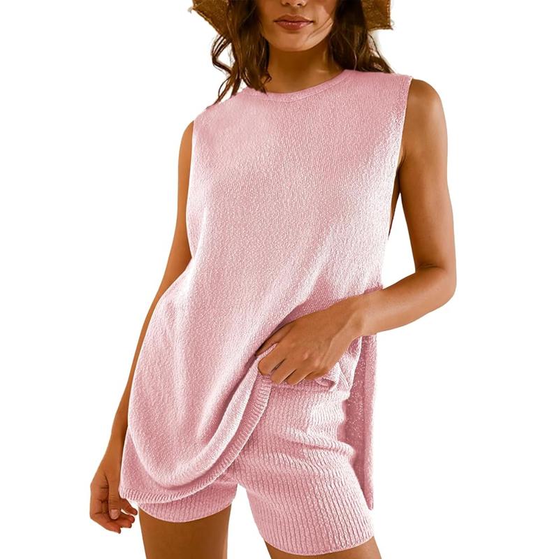 Women’s 2-Piece Summer Knit Sweater Set – Sleeveless Tunic Top & Matching Shorts, Casual Beach Lounge Outfit