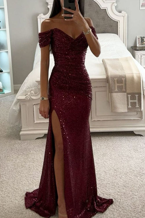 Party Sequin Off-Shoulder Slit Dress