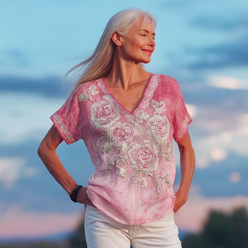 Glitter Pink Rose Embroidered Gradient Linen Shirt