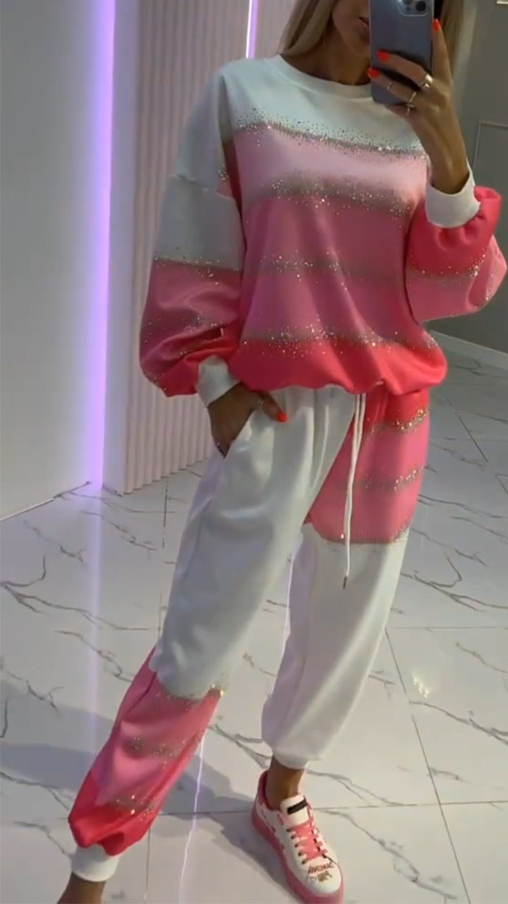 Women's Round Neck Gold-stamped Patchwork Top + Pants Drawstring Casual Suit