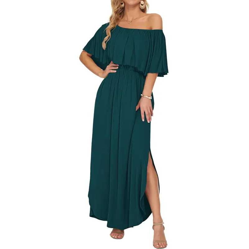 Women's Off The Shoulder Dress Wedding Guest Dress Summer Casual Long Ruffle Party Side Split Beach Maxi Dresses with Pockets