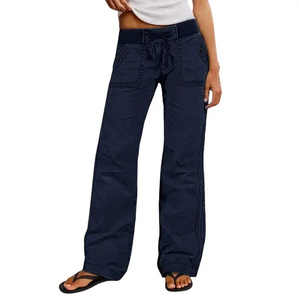 Women's Solid Seam Detail Drawstring Mid Rise Straight Leg Pants High Stretch Fabric