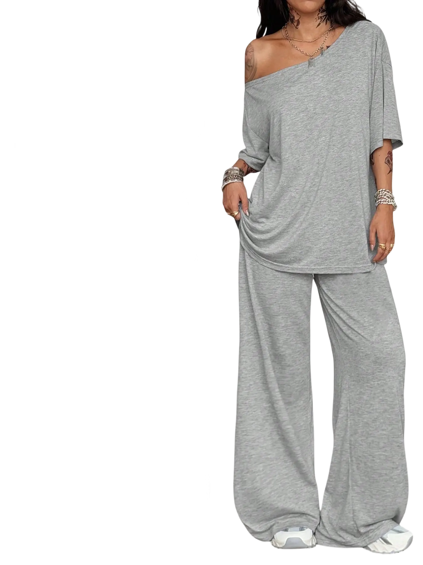 Effortless Comfort Women’s 2-Piece Lounge Set – Loose Fit Top & Wide-Leg Pants