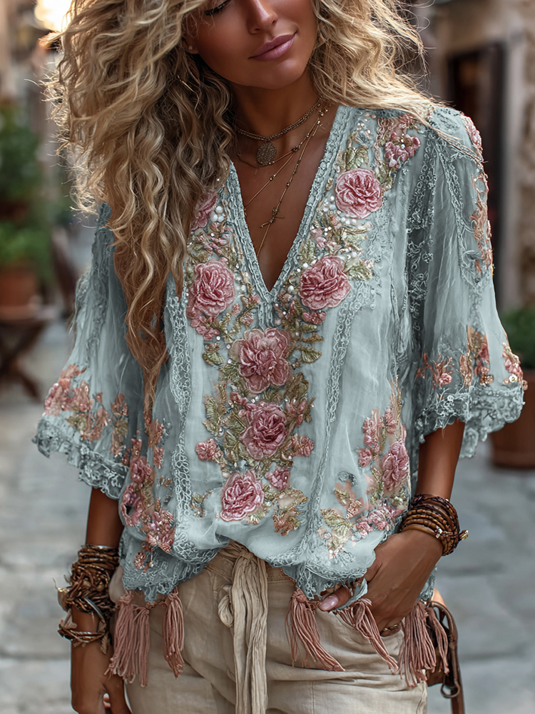 Women's Vintage Rose Embroidery Art Comfy Linen Shirts