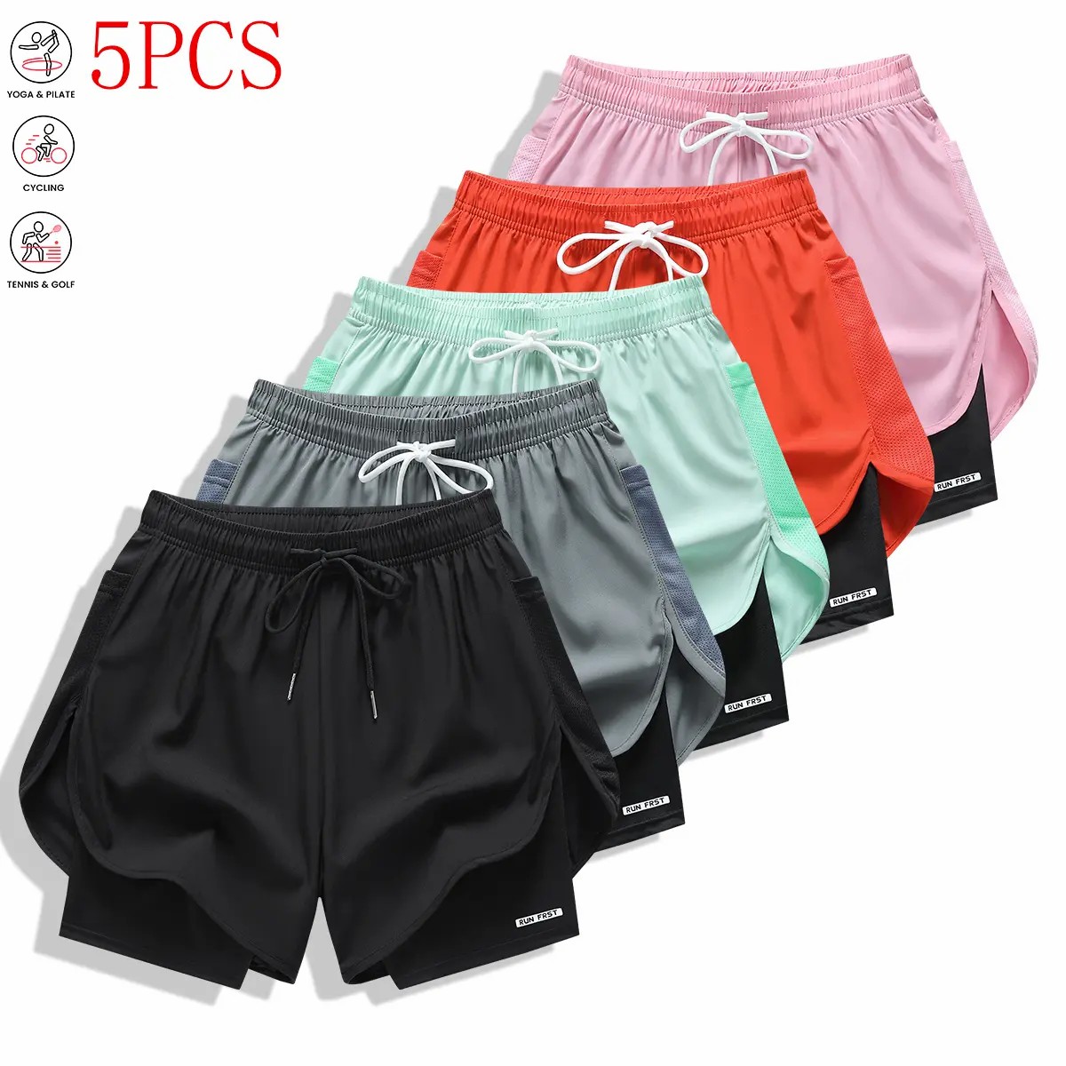 Pack of 5 women’s casual athletic shorts, solid color, faux two-piece design with built-in liner, elastic drawstring waistband, suitable for outdoor fitness, running, sports, and casual wear; women’s shorts