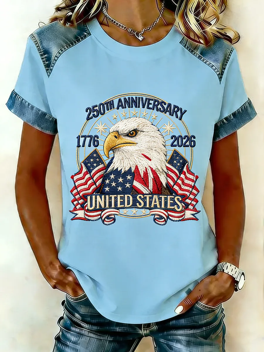 250th Anniversary United States Eagle Flag Embroidered Denim Raglan T-Shirt