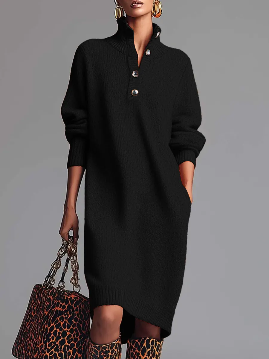 Women's Stand Collar Long Sleeve Casual Loose Knit Dress