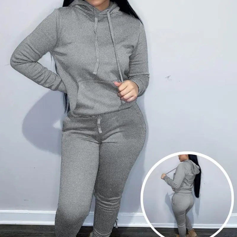 Women's Drawstring Hoodie & Pocket Sweatpants 2-Piece Warm Fleece Set