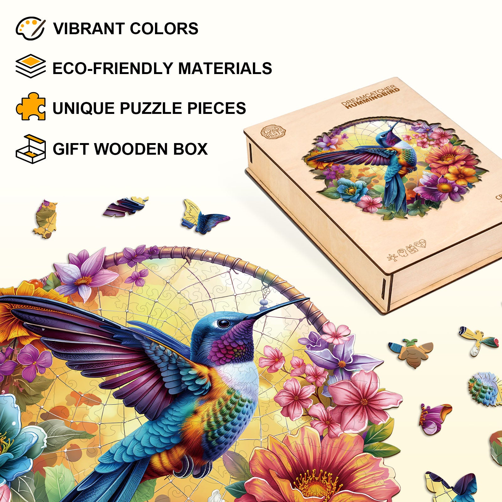 Dreamcatcher hummingbird Wooden Jigsaw Puzzle