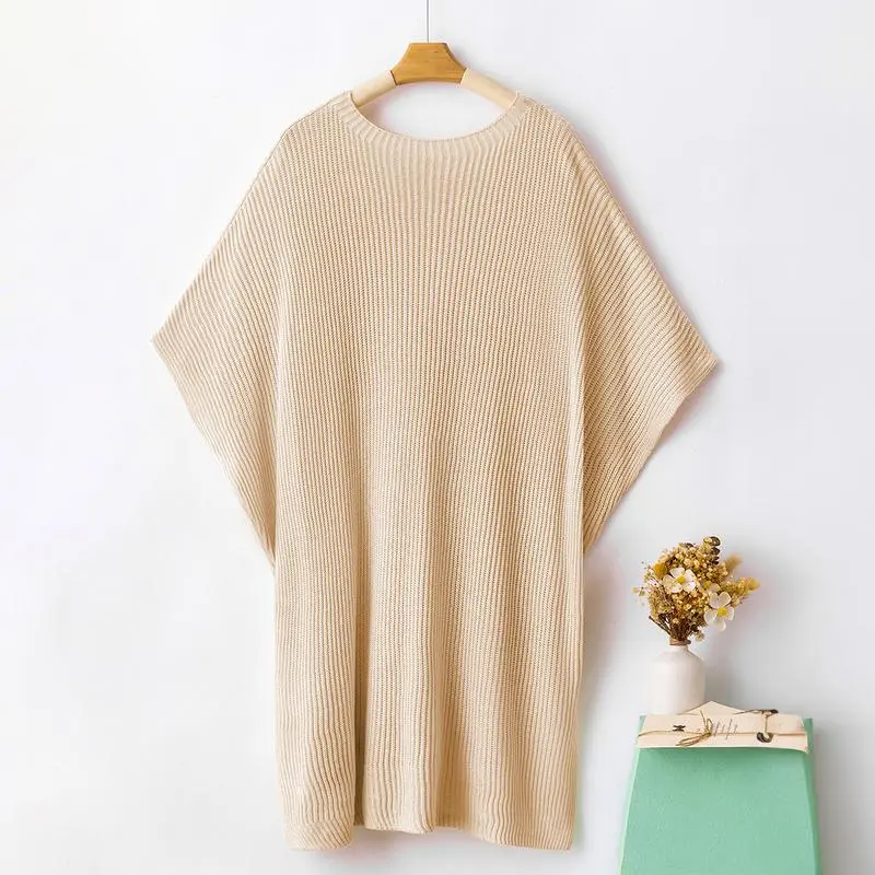 Women’s Oversized Knit Top – Casual Crew Neck Short Sleeve Sweater with Side Slit