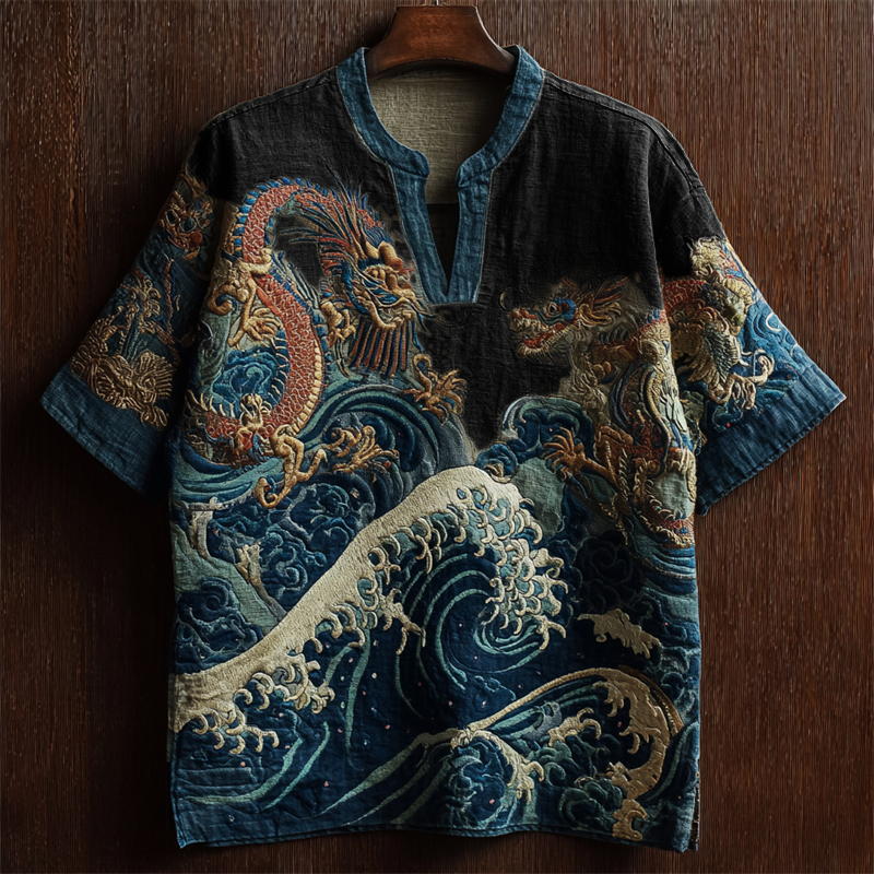 Sea Waves & Dragons Japanese Embroidered Linen Shirt