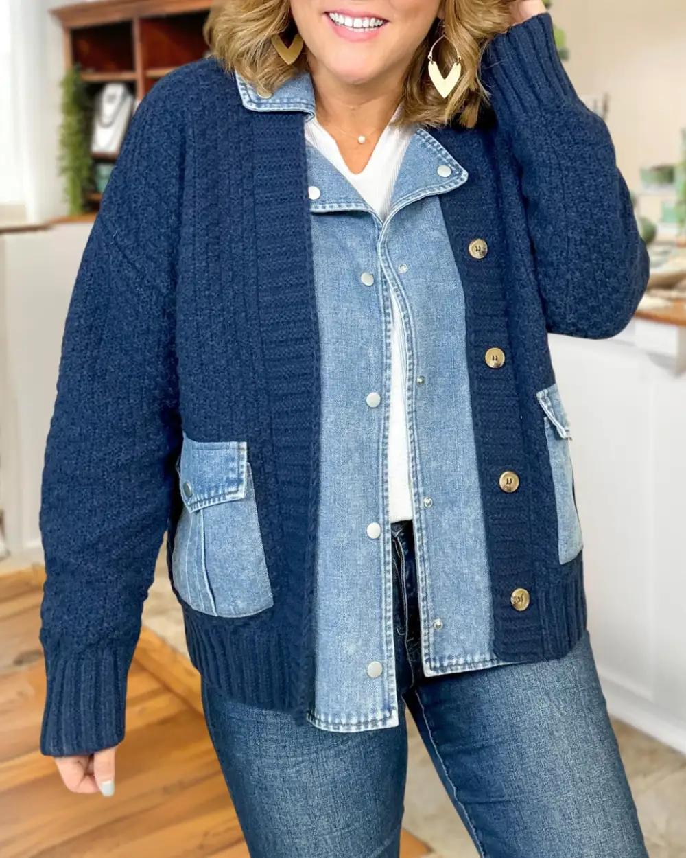 Denim+Knit Shacket Cardigan