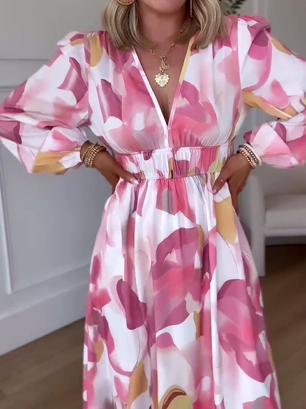 NEW🔥 Long Sleeve Printed Elastic Waist Dress