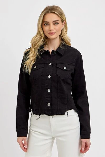 Full Size Irregular Fray Hem Button Up Denim Jacket Plus Size