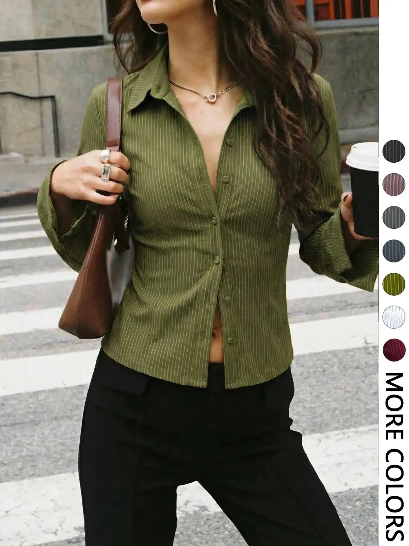 Women's All-Over Striped Print Button Front Blouse